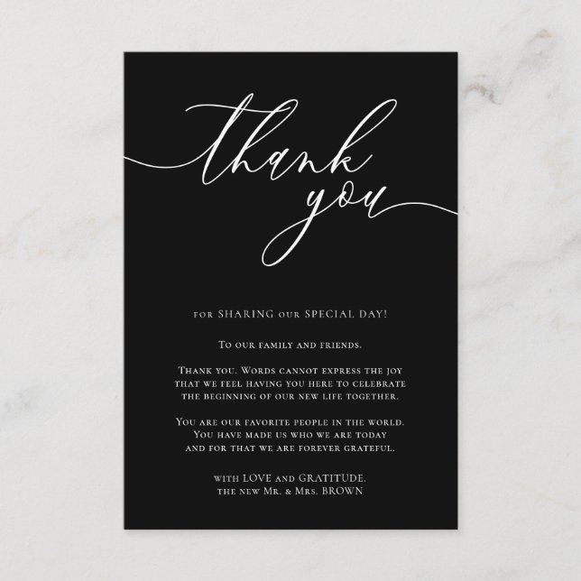 Tarjeta De Recepción Negro agradecimiento de foto personalizada Script (Anverso)