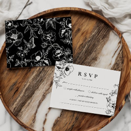 Tarjeta De Recepción Negro elegante | White Floral Garden Wedding RSVP