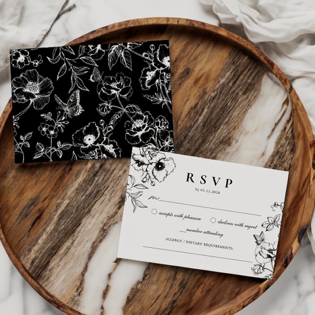 Tarjeta De Recepción Negro elegante | White Floral Garden Wedding RSVP (Subido por el creador)