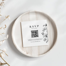 Tarjeta De Recepción Negro elegante | White Floral QR Code Wedding RSVP