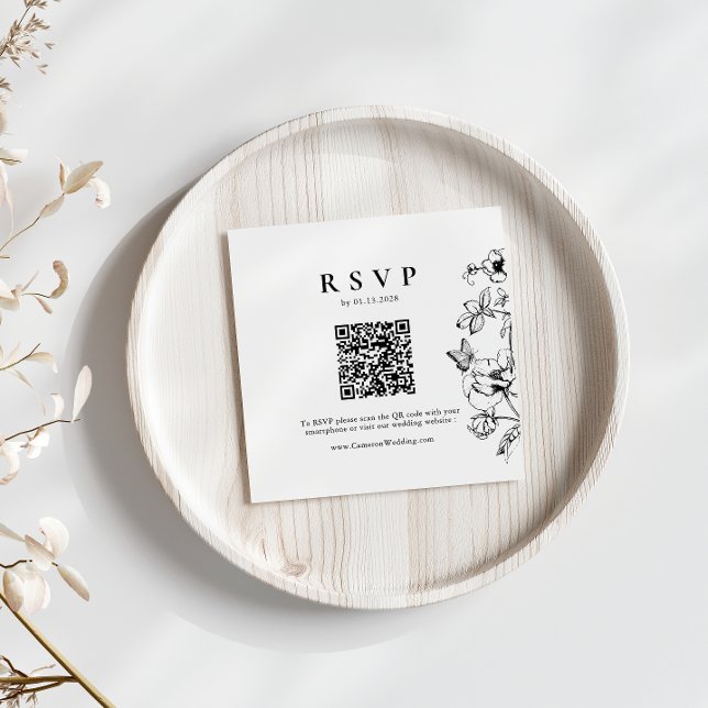 Tarjeta De Recepción Negro elegante | White Floral QR Code Wedding RSVP (Subido por el creador)