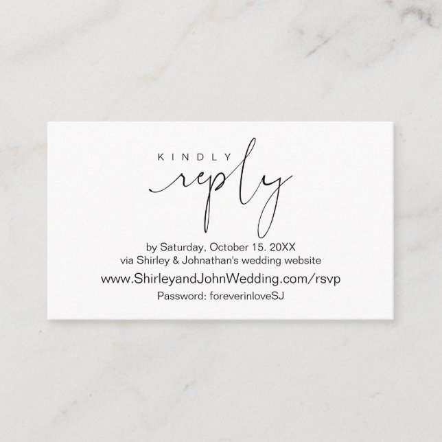Tarjeta De Recepción Negro moderno, RSVP en línea vía sitio web Boda (Anverso)