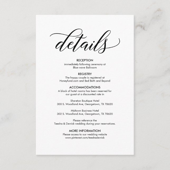 Tarjeta De Recepción Negro moderno y elegante, detalles de nuestro Boda (Anverso)