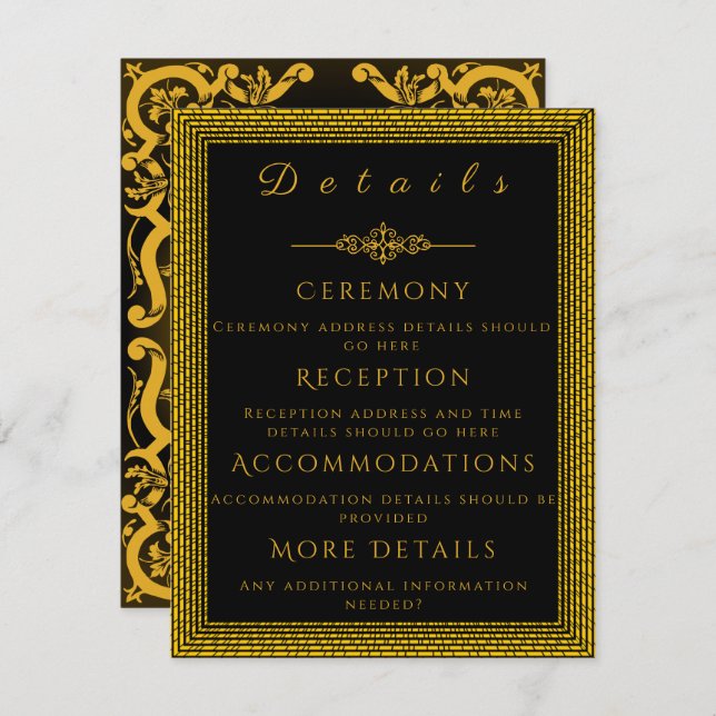 Tarjeta De Recepción Negro y dorado con elementos decorativos Enclosure (Anverso / Reverso)