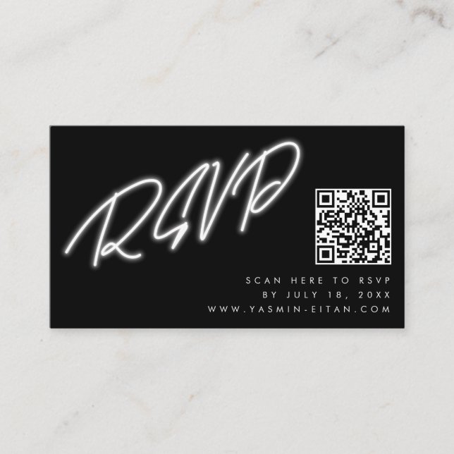 Tarjeta De Recepción Neon White Script Black QR Boda de código RSVP (Anverso)