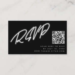 Tarjeta De Recepción Neon White Script Black QR Boda de código RSVP