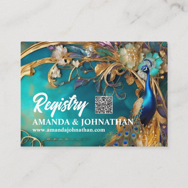 Tarjeta De Recepción Neouveau florido de pavo real (Anverso)