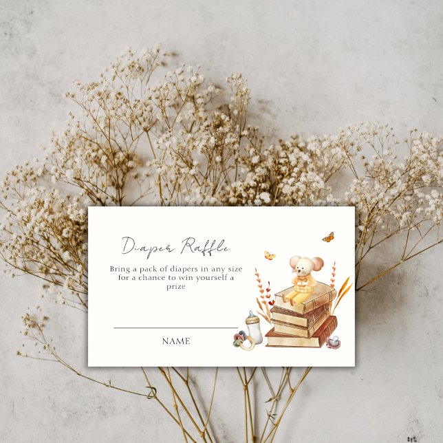 Tarjeta De Recepción Neutral Boho Book Mouse Diaper Raffle Baby Shower (Neutral Boho Book Mouse Diaper Raffle Baby Shower Enclosure Card)