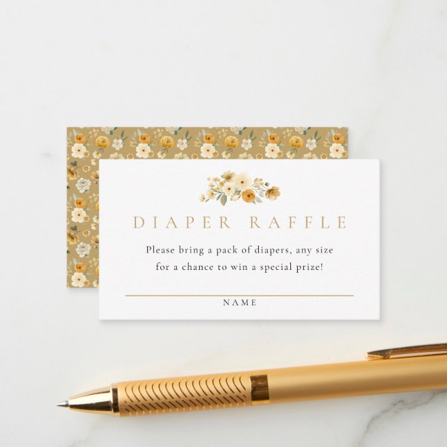 Tarjeta De Recepción Neutral Diaper Raffle Card | Ivory & Golden Floral (Anverso/Reverso In Situ)