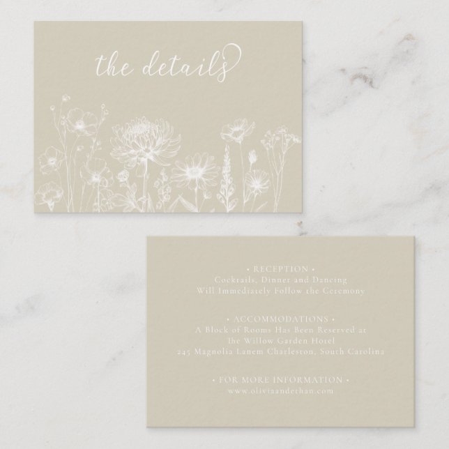 Tarjeta De Recepción Neutral Wildflower Details Card Minimalist Wedding (Anverso / Reverso)