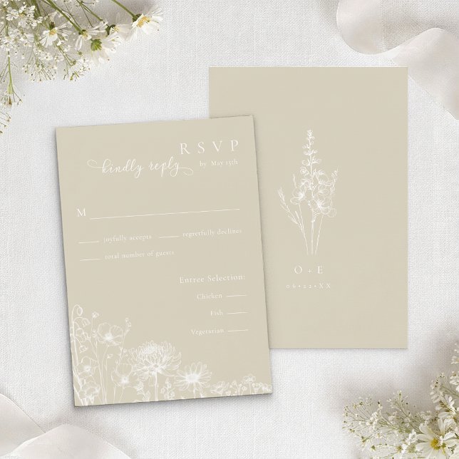 Tarjeta De Recepción Neutral Wildflower RSVP Card Minimalist Wedding  (Neutral RSVP Card)