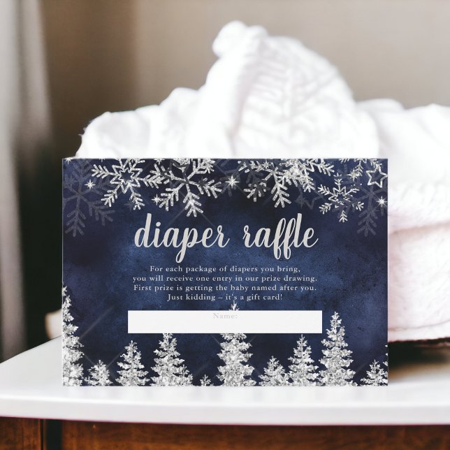 Tarjeta De Recepción Nieve de plata de invierno pinar marina rifa de pa (Winter silver snow pine navy diaper raffle baby enclosure card)