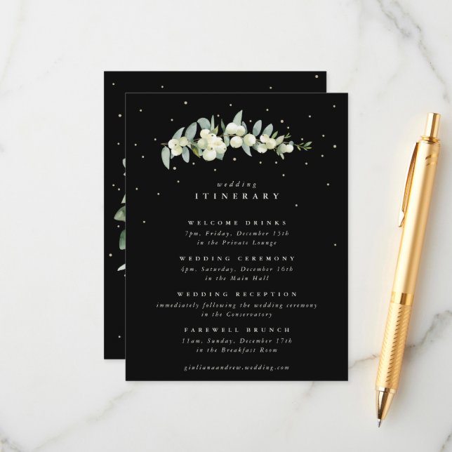 Tarjeta De Recepción Nieve negra + Eucalyptus Stem Boda Itinerario (Anverso/Reverso In Situ)