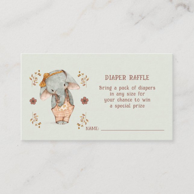 Tarjeta De Recepción Niña elefante Baby Shower Diaper Raffle (Anverso)