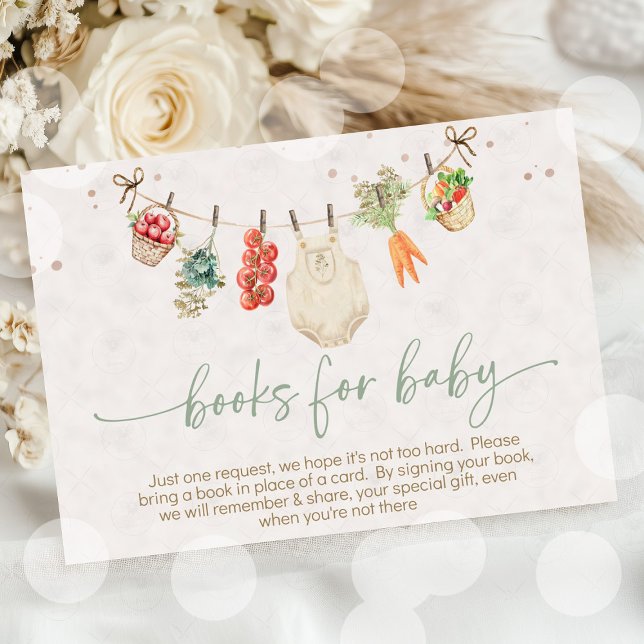 Tarjeta De Recepción Niñeras cultivadas en el país comercializan una du (Locally Grown Baby Shower book for baby enclosure card, farmers market theme, watercolor fruits and )