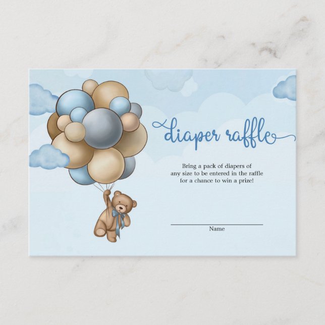 Tarjeta De Recepción Niño bebé oso globo azul marrón rifa de pañales (Anverso)