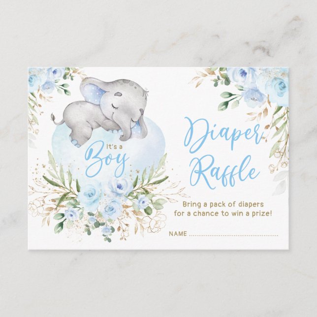 Tarjeta De Recepción Niño Elefante Rosas Azules Diaper Raffle (Anverso)