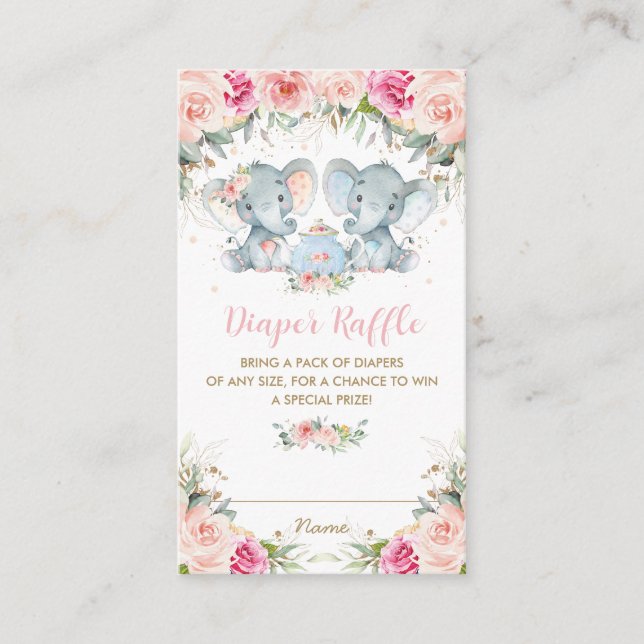 Tarjeta De Recepción Niño gemelo Chica Elefante Té Floral Rosa Diaper (Anverso)