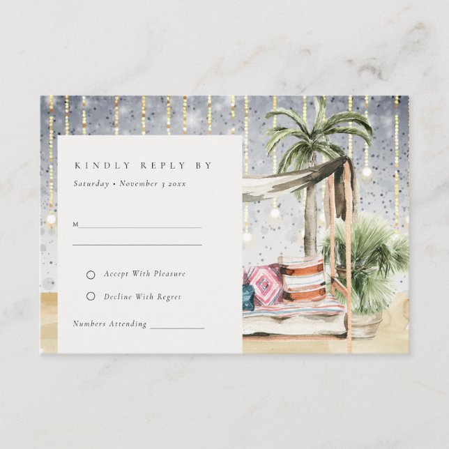 Tarjeta De Recepción Noche estrellada Palm Tropical Cabana Wedding RSVP (Anverso)