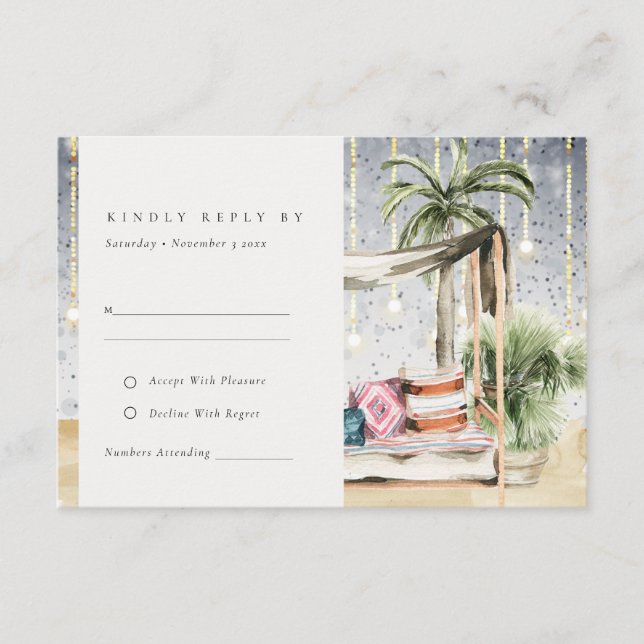 Tarjeta De Recepción Noche estrellada Palm Tropical Cabana Wedding RSVP (Anverso)