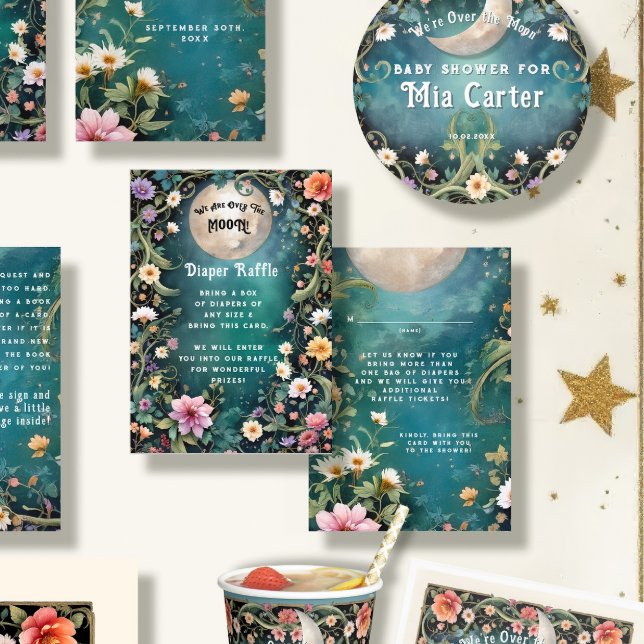 Tarjeta De Recepción Noche sobre la luna, flores rosadas, niña bebé (Subido por el creador)