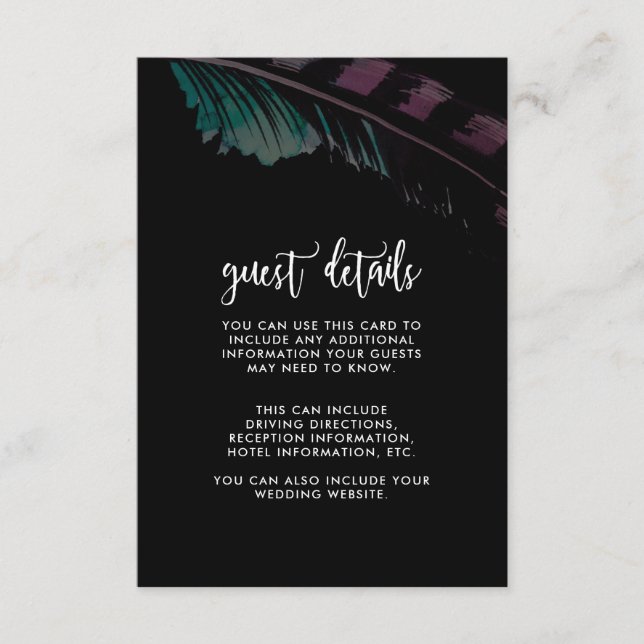 Tarjeta De Recepción Noches de Boho Negro con detalle del Boda de pluma (Anverso)