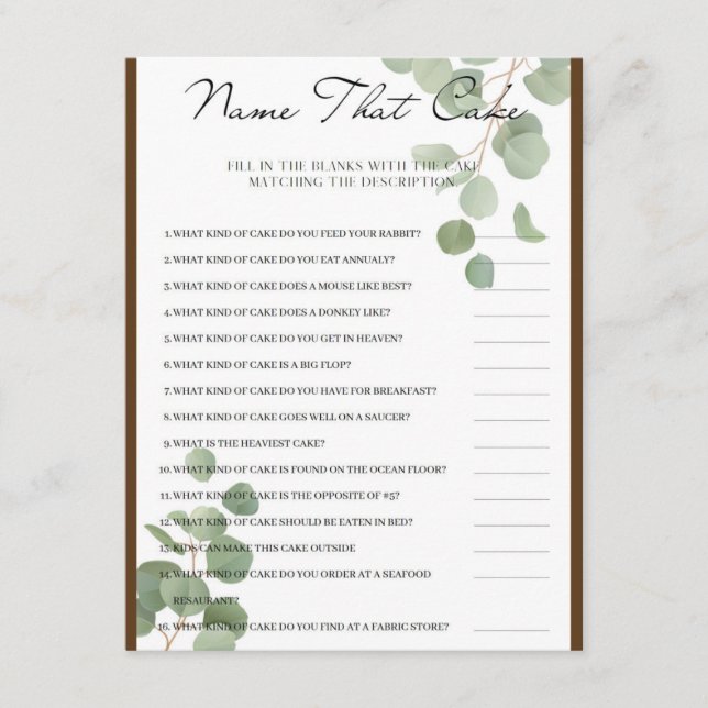 Tarjeta De Recepción Nombrar el juego de la fiesta de las novias (Anverso)