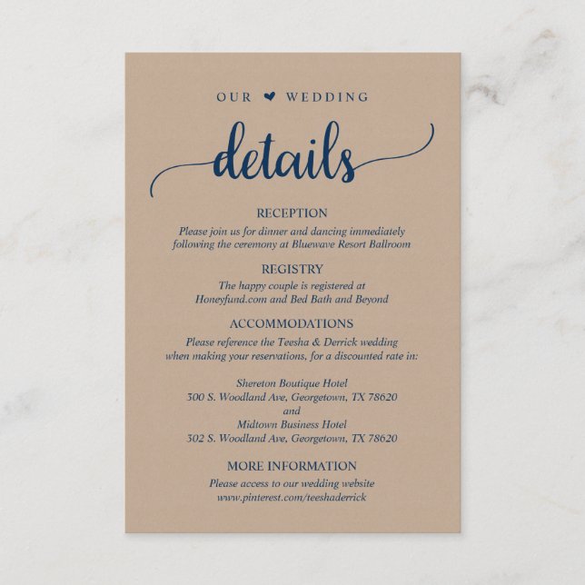 Tarjeta De Recepción Nuestros detalles Bodas, azul de la Marina Rustic  (Anverso)