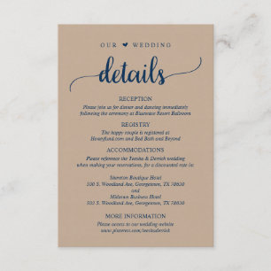 Tarjeta De Recepción Nuestros detalles Bodas, azul de la Marina Rustic 