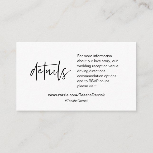 Tarjeta De Recepción Nuestros detalles bodas, caligrafía moderna (Anverso)