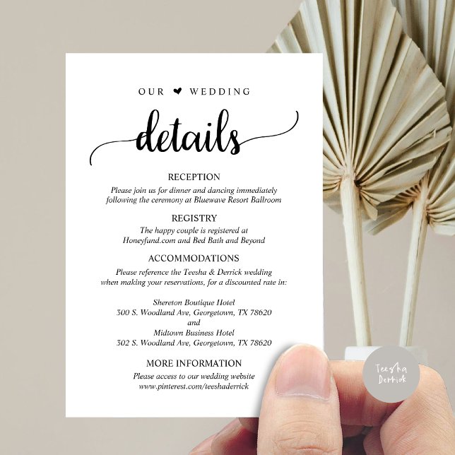 Tarjeta De Recepción Nuestros detalles Bodas, escritura negra rusa (Our Wedding Details, Rustic Script Invitation Enclosure Card, in Black and White)