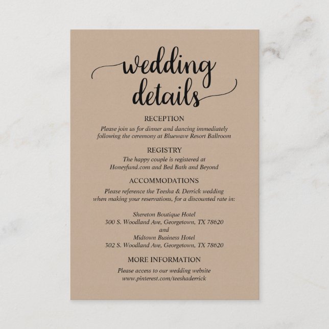 Tarjeta De Recepción Nuestros detalles Bodas, Rústica luz marrón Kraft (Anverso)