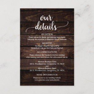 Tarjeta De Recepción Nuestros detalles Bodas, temática rústica de mader