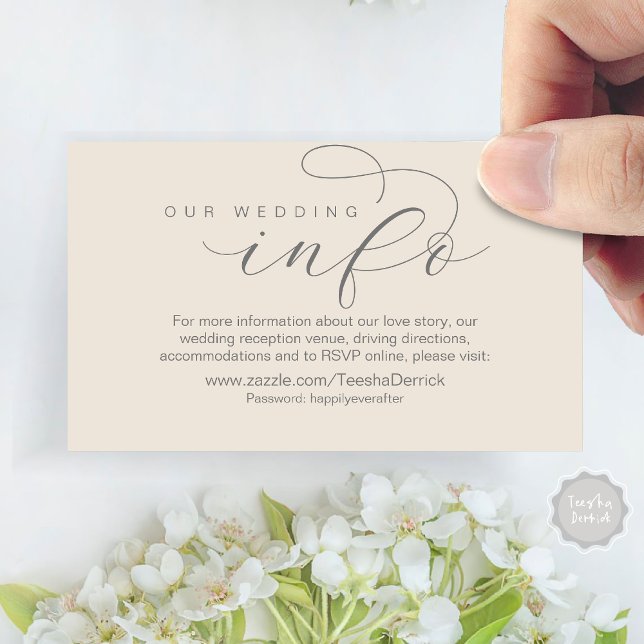 Tarjeta De Recepción Nuestros detalles Bodas y sitio web, mínimo modern (Our Wedding Info, Details Enclosed Small Card, RSVP, Website Address, in Dark Grey Cream)