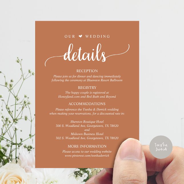 Tarjeta De Recepción Nuestros detalles del Boda, Rústica Rust Brown (Our Wedding Details, Rustic Script Invitation Enclosure Card, in Copper Brown)
