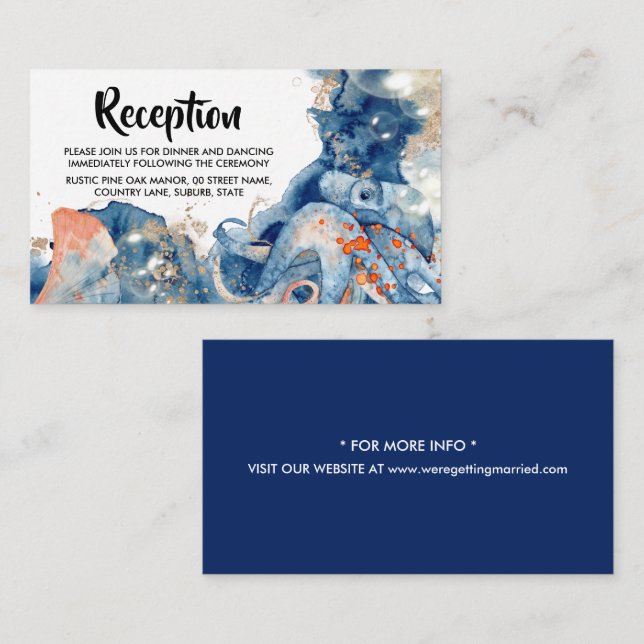 Tarjeta De Recepción Octopus criaturas oceánicas mar naranja azul marin (Anverso / Reverso)