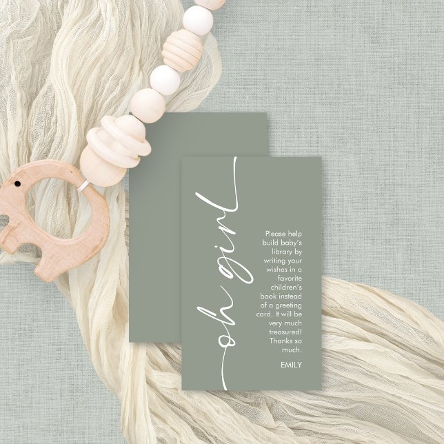 Tarjeta De Recepción Oh Chica Sage Books para Baby Shower (Small books for baby enclosure card, front and back view)