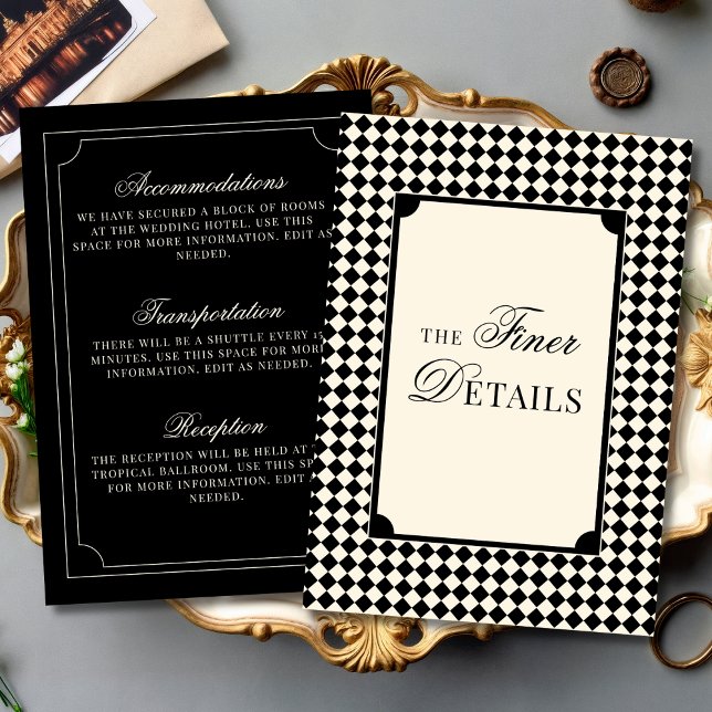Tarjeta De Recepción Old Money Black Ivory Checkered Wedding Details (Subido por el creador)
