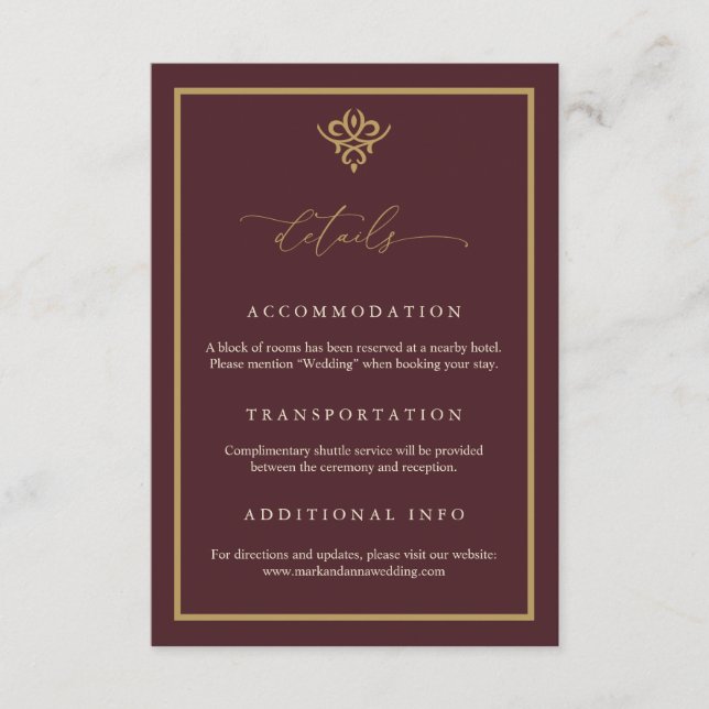 Tarjeta De Recepción Old Money Burgundy Wedding Enclosure Card (Anverso)