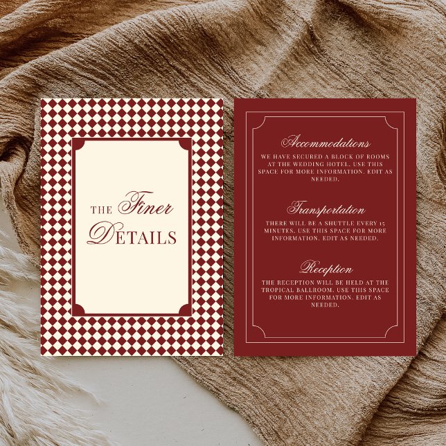 Tarjeta De Recepción Old Money Deep Red Ivory Checkered Wedding Details (Subido por el creador)