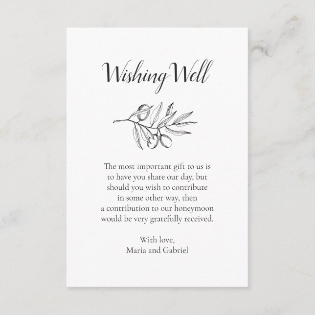 Tarjeta De Recepción Olive Botanical deseando bien. Boda blanco negro (Anverso)