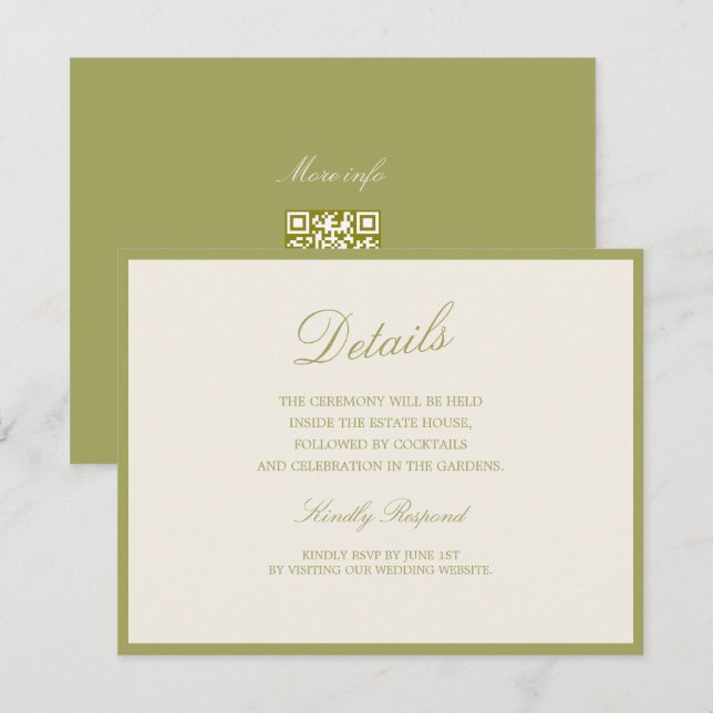Tarjeta De Recepción Olive Estate Calligraphy Wedding QR Details Card (Anverso / Reverso)