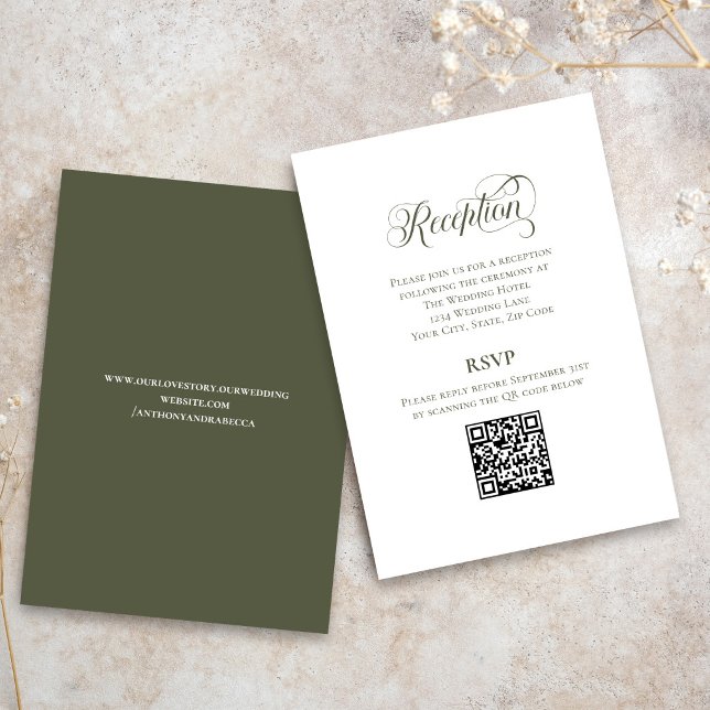 Tarjeta De Recepción Olive Green Calligraphy Wedding QR Code RSVP (Olive green wedding RSVP card with elegant calligraphy and QR code)