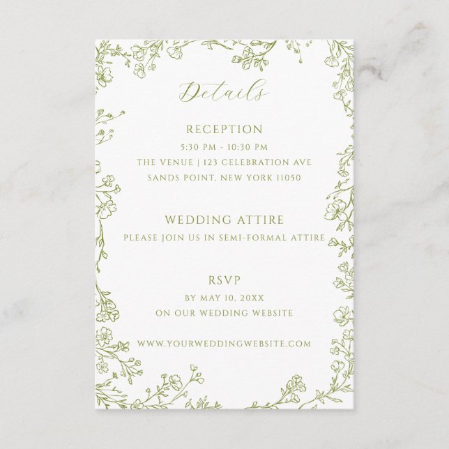 Tarjeta De Recepción Olive Green Floral Line Art Wedding Details (Anverso)