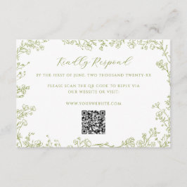 Tarjeta De Recepción Olive Green Floral Line Art Wedding QR Code