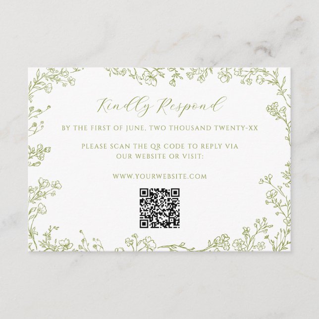 Tarjeta De Recepción Olive Green Floral Line Art Wedding QR Code (Anverso)