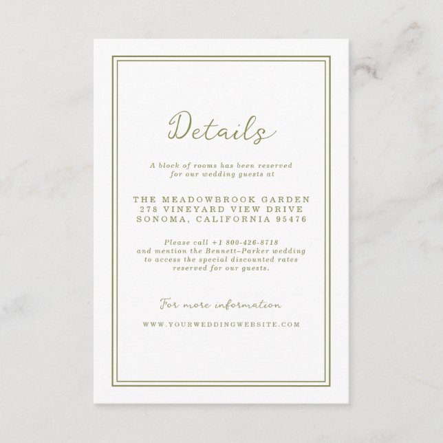 Tarjeta De Recepción Olive Green Modern Wedding Details Card (Anverso)