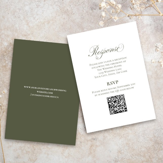 Tarjeta De Recepción Olive Green Script Wedding RSVP QR Code Card (Elegant olive green wedding RSVP card with script font and modern QR code response)