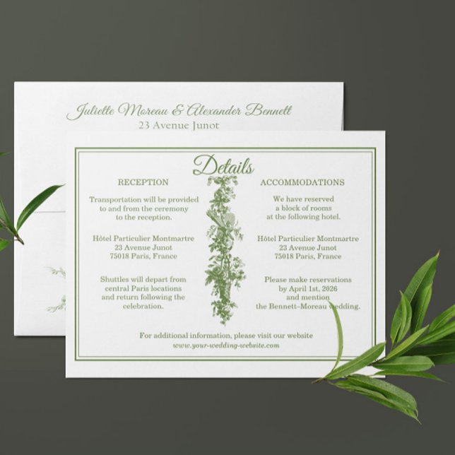 Tarjeta De Recepción Olive Green Toile de Jouy Wedding Details Enclosur (Subido por el creador)