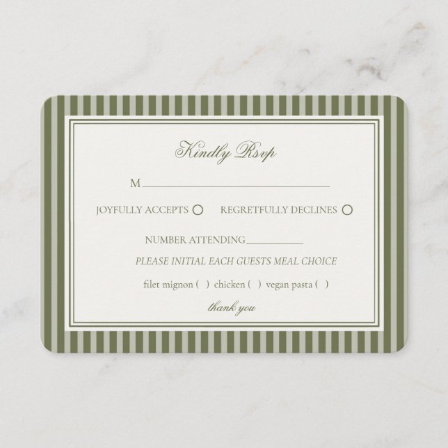 Tarjeta De Recepción Olive Martini Green Old Money Striped Wedding RSVP (Anverso)